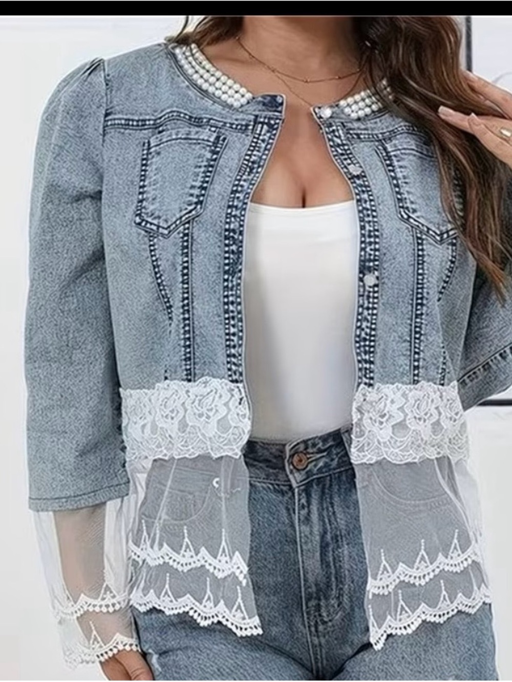 Pearl-Trim Light Blue Denim Lace-Hem Blazer